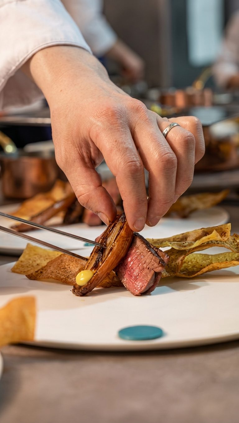 Samuel, cuisinier, au dressage d'une assiette en cuisine